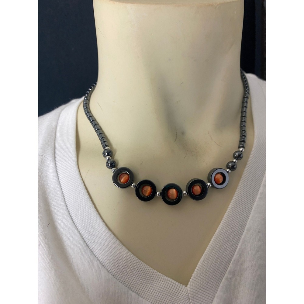 Hematite Necklace with Orange Gemstone Accents Unisex